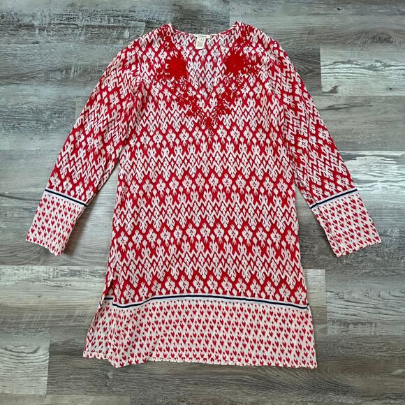 Sundance Red Embroidered Cotton Tunic Dress Ikat Print Boho Beach Coverup S - Picture 2 of 7